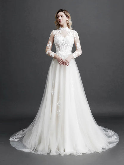 Robe de mariée en dentelle à manches longues pour femme, style bohème rétro, nouvelle collection 2024, fleurs 3D appliquées, robes de soirée élégantes pour bal de fin d'année