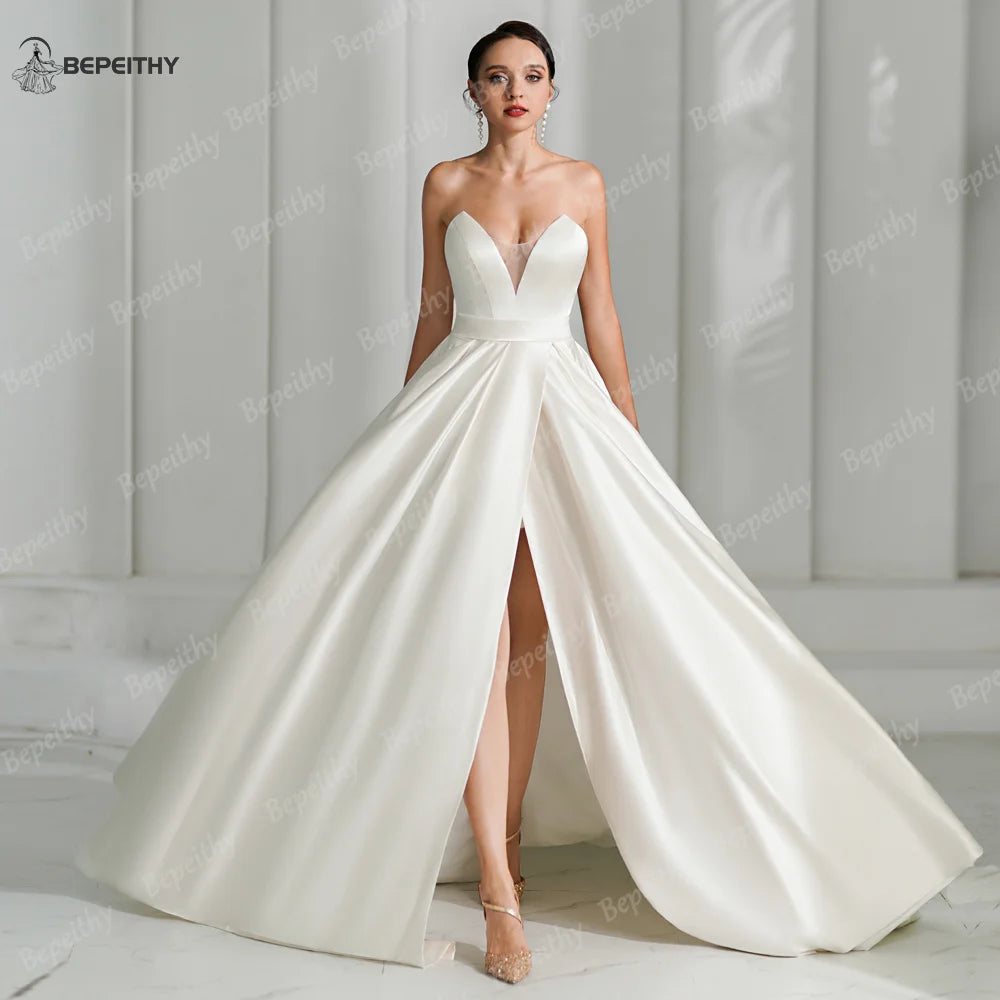 BEPEITHY Ivory Satin A Line Wedding Dresses For Women 2024 Sweetheart Sexy High Slit Sweep Train White Bride Boho Bridal Gown