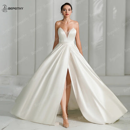 BEPEITHY Ivoire Satin A Ligne Robes De Mariée Pour Femmes 2024 Chérie Sexy Fente Haute Balayage Train Blanc Mariée Boho Robe De Mariée