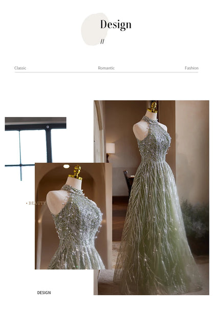 Nuevos vestidos de noche de lujo de color verde con cuello halter y corte A 2024, vestido de cuentas con textura de alta gama para fiesta de bodas de mujer