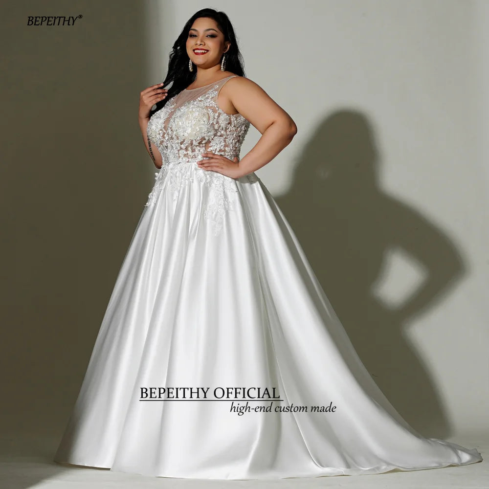 BEPEITHY Robe de mariée en satin grande taille ivoire pour femmes, ligne A, col rond, sans manches, traîne, transparente, sexy, courbe