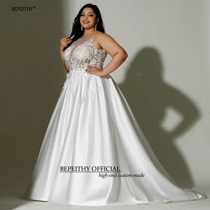 BEPEITHY A Line Ivory Plus Size Satin Wedding Dresses For Women O Neck Sleeveless Sweep Train Sheer Sexy Curve Bridal Gowns