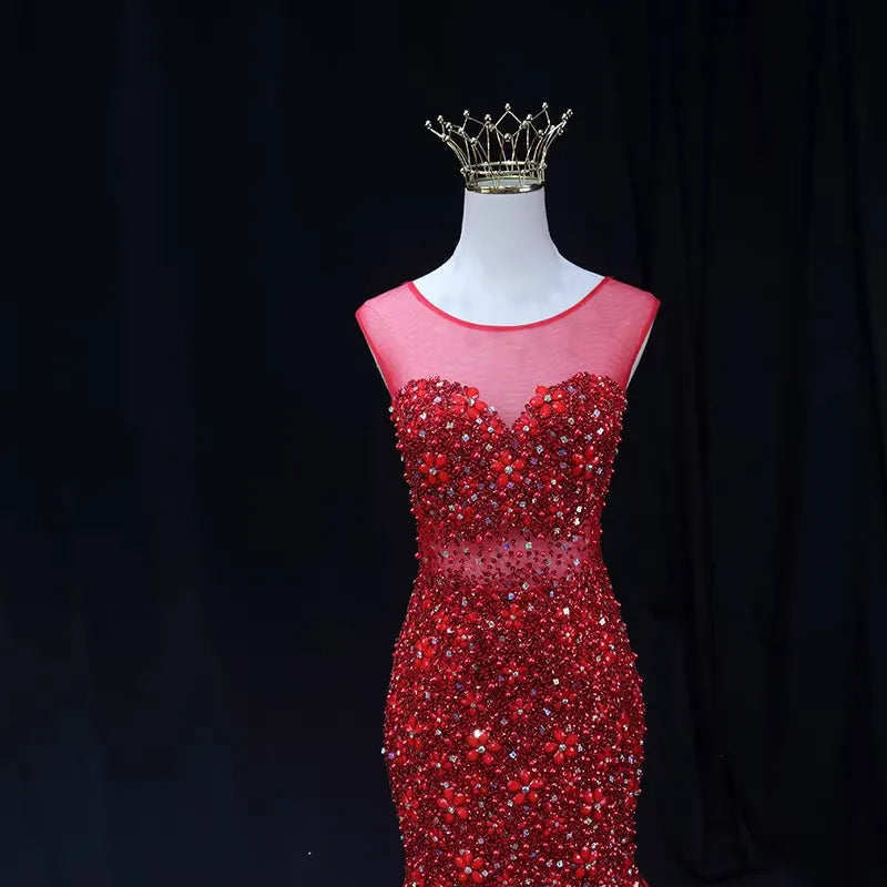 Robe de soirée rouge à strass scintillants, col rond, sirène, robe de soirée, remise de diplôme, célébrité, robes de fête pour femmes