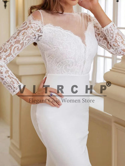 VITRCHP Long Sleeve Mermaid Wedding Dress Beach O-Neck Lace Sweep Train Button Bridal Gowns Customize To Measures Civil Sweep