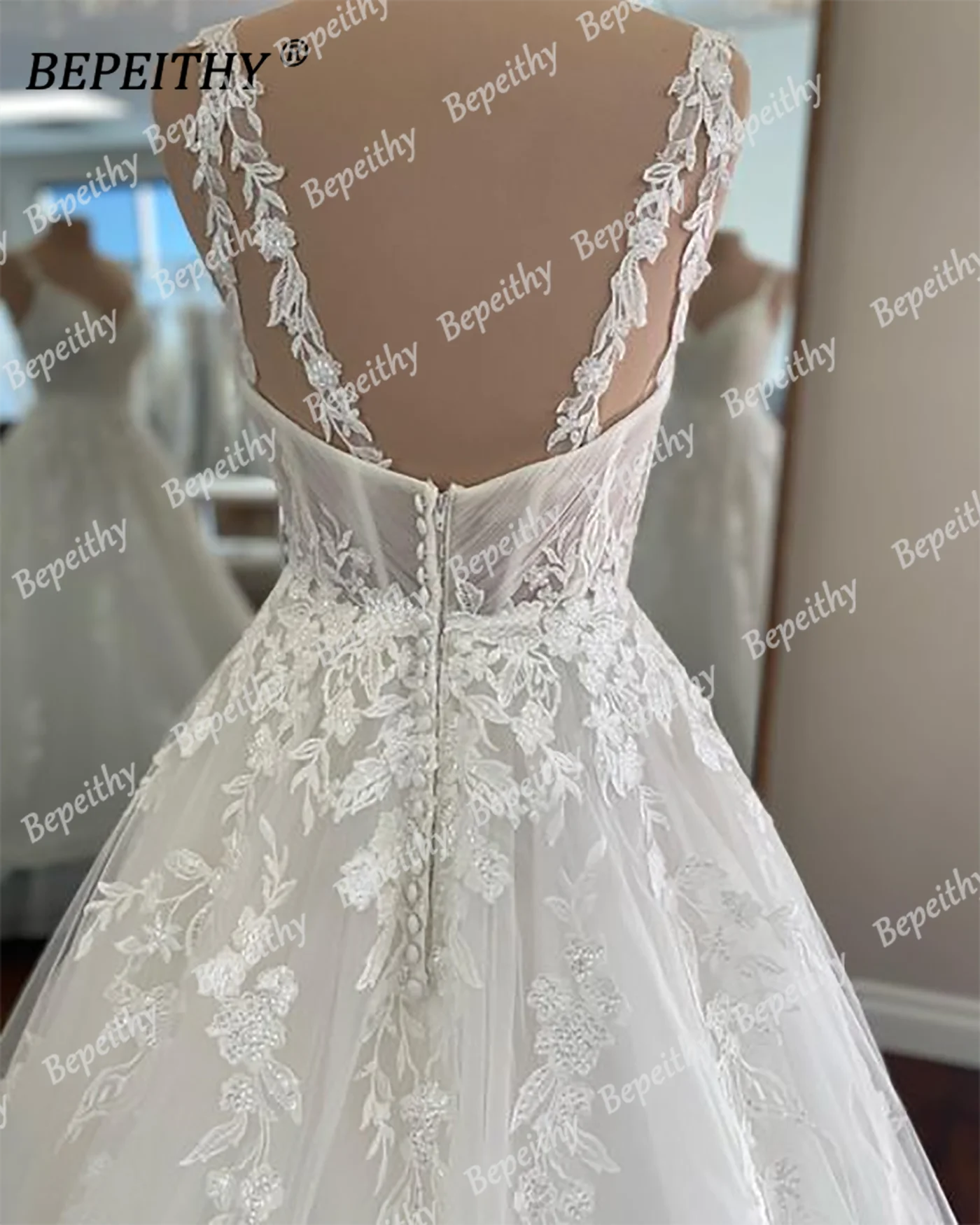 BEPEITHY Ivory V Neck Spaghetti Straps Wedding Dresses For Women 2023 Sleeveless Court Train Lace A Line Bride White Bridal Gown