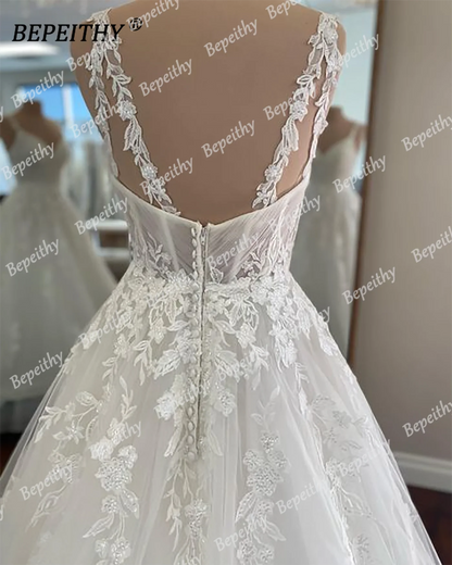 BEPEITHY Ivory V Neck Spaghetti Straps Wedding Dresses For Women 2023 Sleeveless Court Train Lace A Line Bride White Bridal Gown