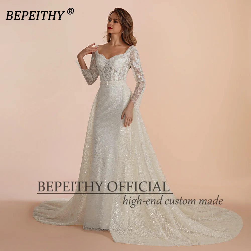 Vestido de noche largo de encaje marfil de BEPEITHY para ocasiones formales con mangas completas para mujer, vestido de fiesta con cola cuadrada, oferta especial 2023