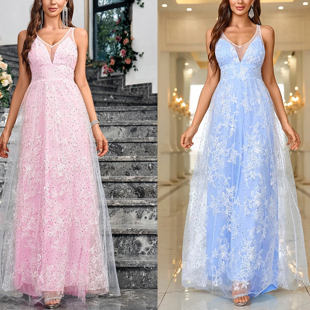 Vestido de encaje con escote en V sin mangas de malla transparente, vestido informal de color sólido con vuelo grande, vestido de dama de honor, cóctel, fiesta, vestidos tipo túnica ajustados