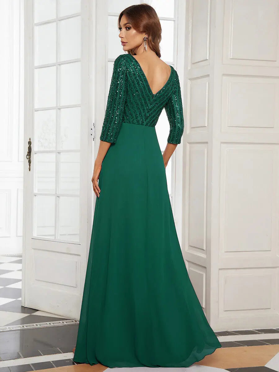 Bridesmaid Dress New Middle Eastern Women's Chiffon Double V-neck Long Skirt A-line Big Swing Sequined Splicing Evening Dress