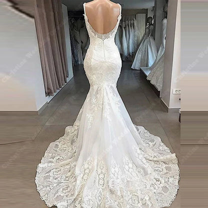 Vestidos de novia de verano de sirena sexys con escote en V para mujer, vestidos de novia con estampado de encaje sin espalda, elegantes vestidos de novia largos con tren