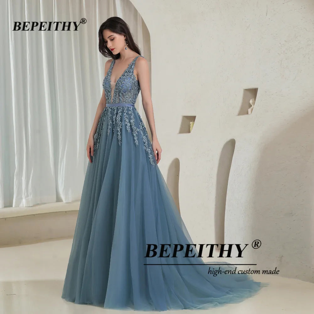 BEPEITHY Élégant Col en V Gris Bleu Longues Robes De Soirée 2022 Fête Sexy Dos Nu Robe De Bal Sans Manches Robe De Soirée Pour Femmes