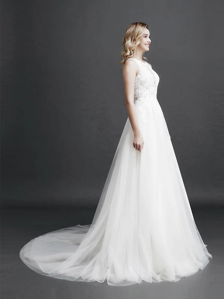 Robe de mariée en dentelle sans manches pour femme, couleur de peau, tempérament, appliques de fleurs 3D, robes de soirée, nouvelle collection 2024