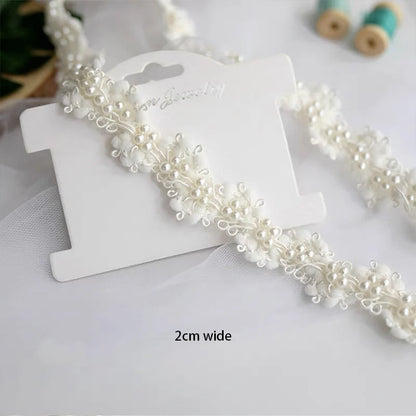 1 yarda de cinta de encaje con cuentas de perlas blancas, tela para decorar ropa, vestido de novia, cuello, manga, apliques de encaje, manualidades DIY