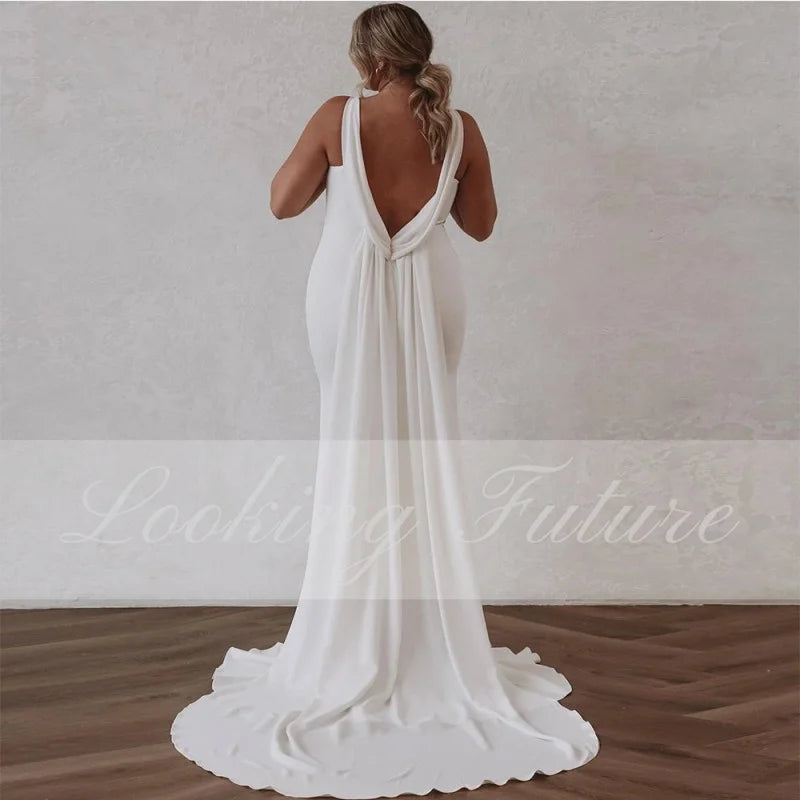 Vestido de novia de sirena con escote en V profundo y cola desmontable de crepé para mujer 2024, sencillo, elegante, sin mangas, con espalda abierta