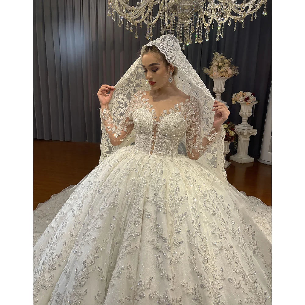 Superbe robe de mariée trapèze pour femmes, appliques, paillettes, robe de mariée, col rond, jupe, traine, manches longues