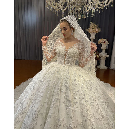 Hermoso vestido de novia de corte A para mujer, con apliques de lentejuelas, vestido de novia con cuello redondo, falda de cola de corte, vestidos de manga larga