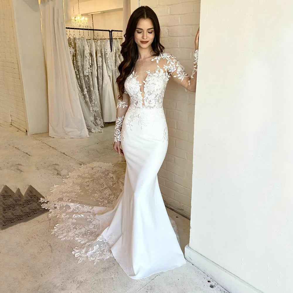 Elegantes vestidos de novia de sirena con encaje para mujer 2024, vestido de novia con apliques de encaje y manga larga, espalda con ilusión, color marfil, vestido de novias