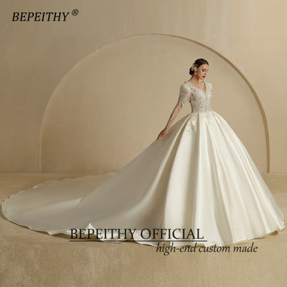 BEPEITHY V Neck Luxury Ball Gown Wedding Dresses For Women 2022 Chapel Train Open Back Sexy Long Sleeves Princess Bridal Dress