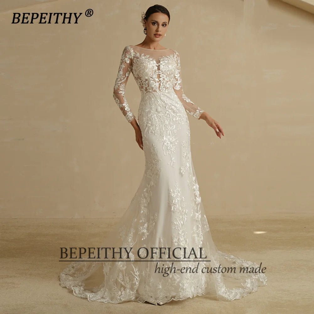 BEPEITHY Robes de mariée sirène en dentelle 2022 Manches trois-quarts Col bateau Vintage Boho Bride Court Train Robe de soirée de mariée Nouveau