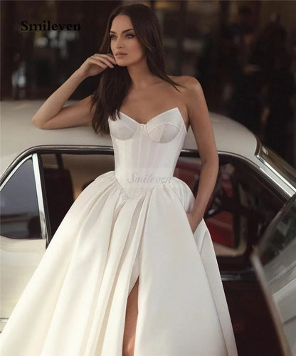 Smileven Strapless Wedding Dresses Satin Side Split Corset Bride Dress Side Split Vestido de novia 2024 Wedding Gowns