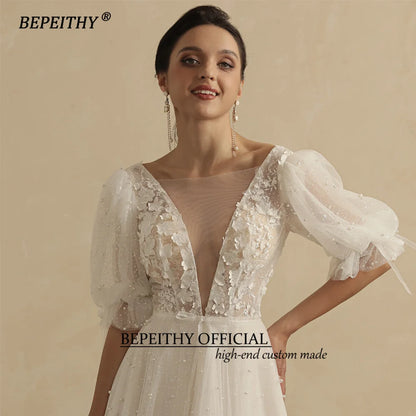 BEPEITHY Real Image Sexy Wedding Dresses For Women 2023 Bride Luxury Pearls Half Sleeves Beach Boho Bridal Party Gown Open Back