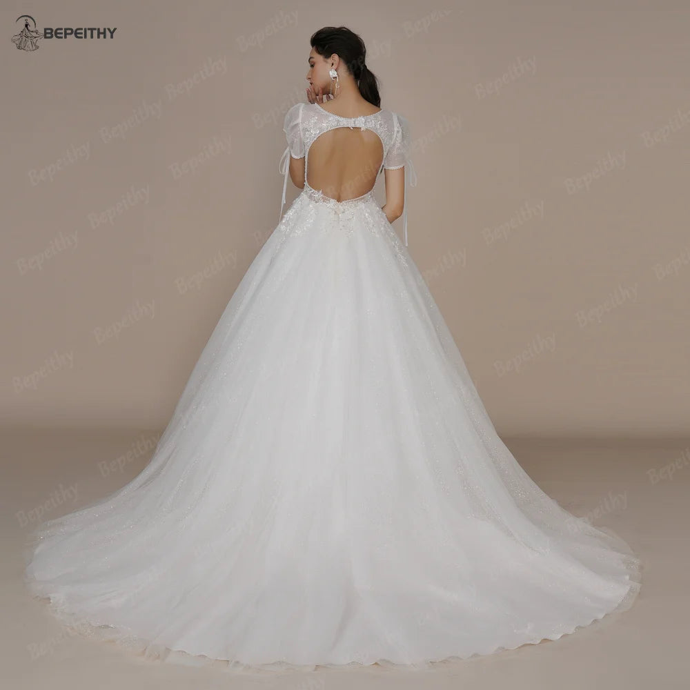 BEPEITHY Short Sleeves A Line Ivory Wedding Dresses For Women Sexy V Neck Open Back Boho Pearls Bride Glitter Bridal Gown 2023