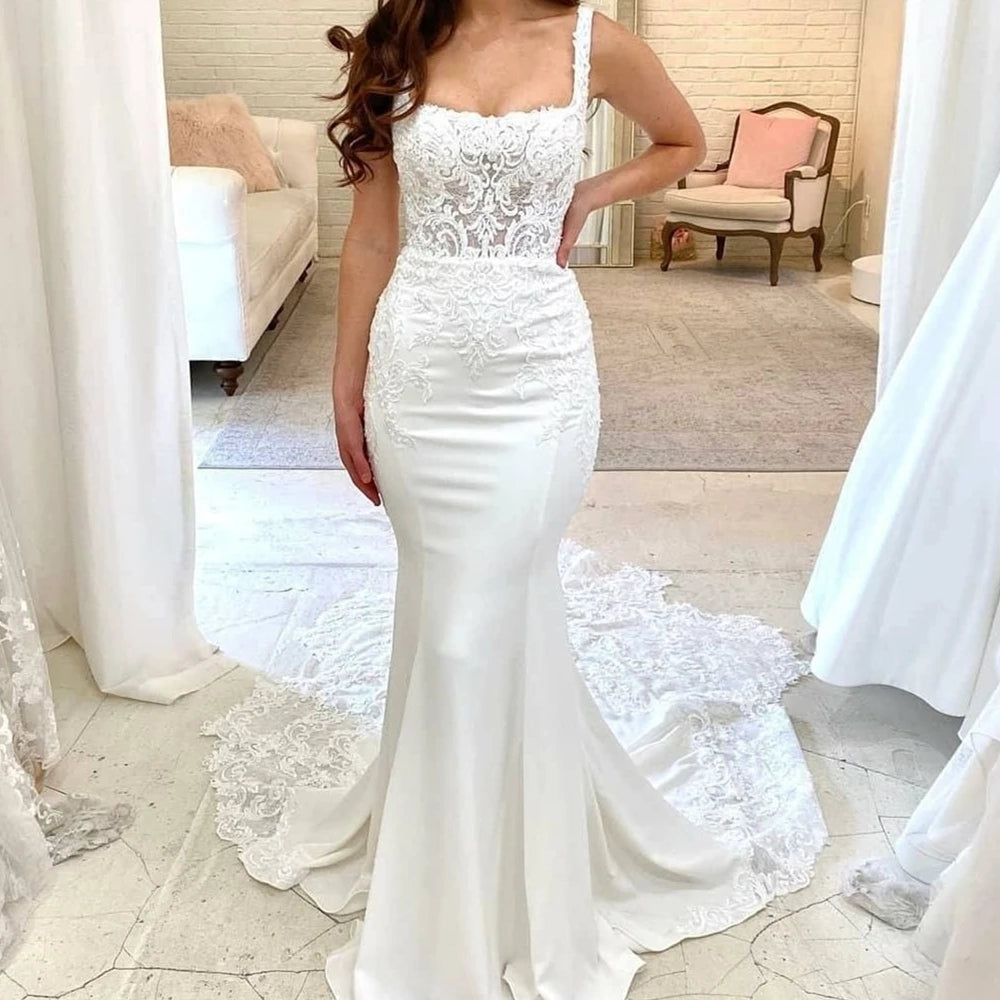 Vestido de novia de sirena blanco con cuello cuadrado y apliques de encaje para mujer, vestido de novia de satén hasta el suelo, cola larga