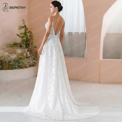 BEPEITHY Simple French Lace A Line Wedding Dresses For Women Sleeveless Sexy Open Backless Beach V Neck Bride Bridal Party Gown