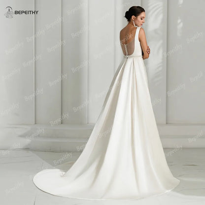 BEPEITHY 2024 Square A Line Wedding Dresses Sleeveless Sweep Train Open Back Vintage Bride Ivory Bridal Gown Vestidos De Novias