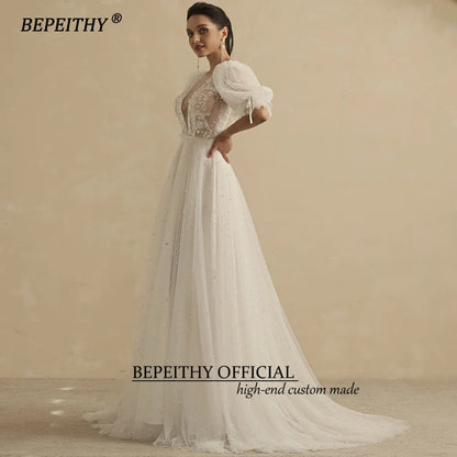 BEPEITHY Real Image Sexy Wedding Dresses For Women 2023 Bride Luxury Pearls Half Sleeves Beach Boho Bridal Party Gown Open Back