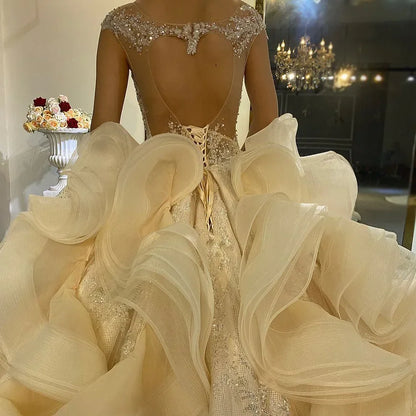 New Court Train Wedding Dresses Sleeveless O-Neck Sequins Pearls Bridal Gowns Custom Made Backless Women Vestidos De Novia