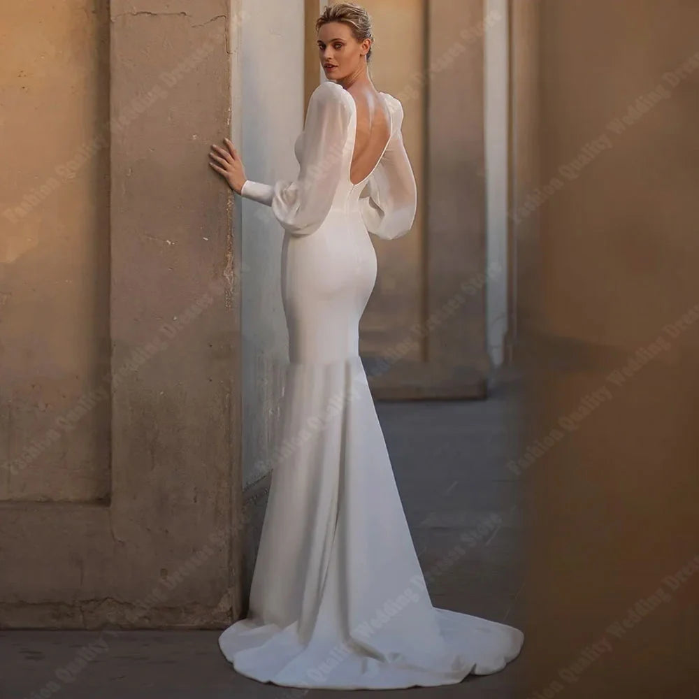 Simplicity Sexy Deep-V Neck Women Wedding Dresses Vintage Satin Surface Bridal Gowns Mopping Length Princess Vestidos De Novias