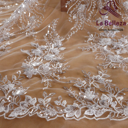 Tissu brodé en perles de riz blanc ivoire, 1 mètre, pour robe de mariée, imitation de fleurs et feuilles