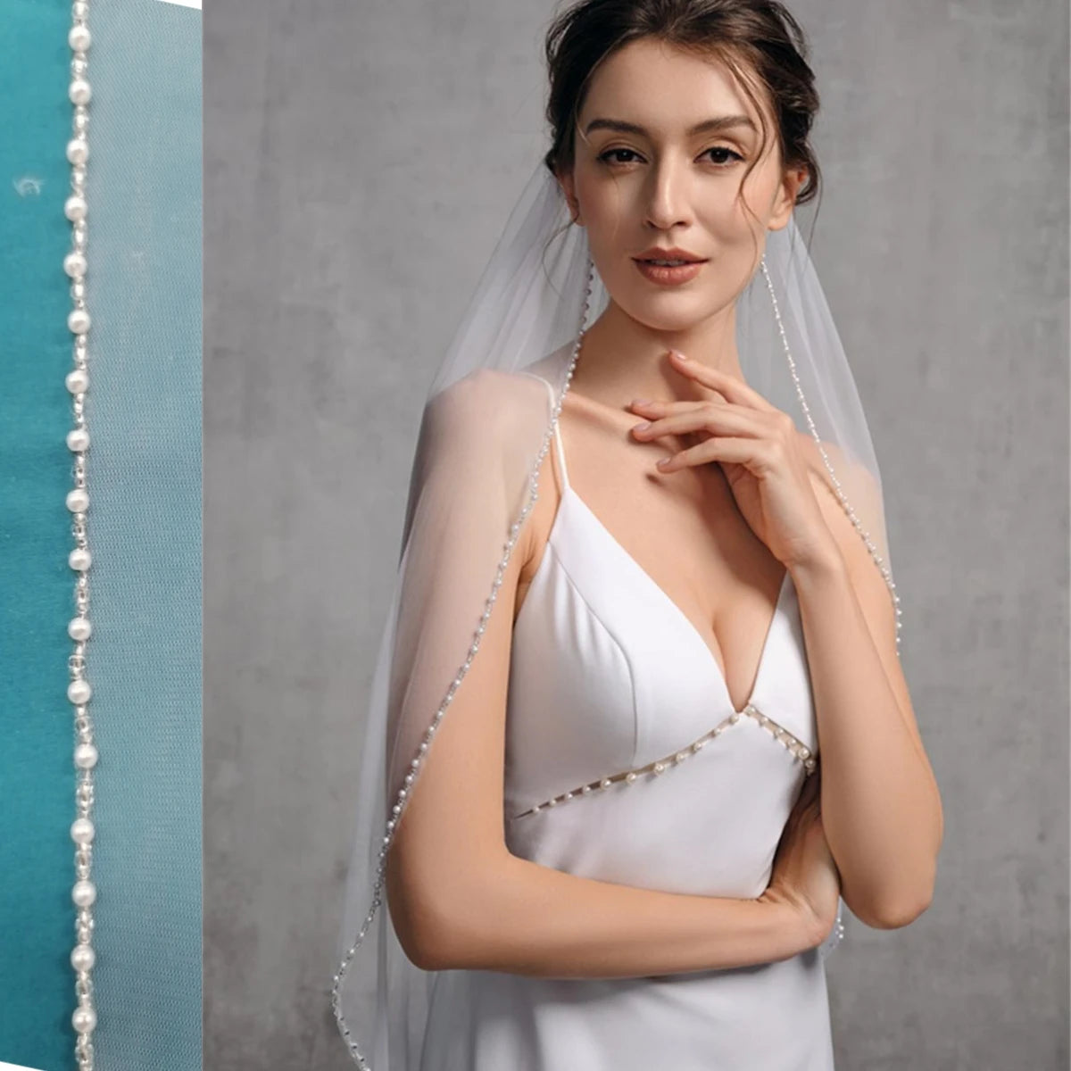 Velo de novia con borde de cuentas V197, velo de novia con diamantes de imitación y perlas, abalorios y perlas pequeñas, 1 capa, accesorios suaves para vestidos de novia