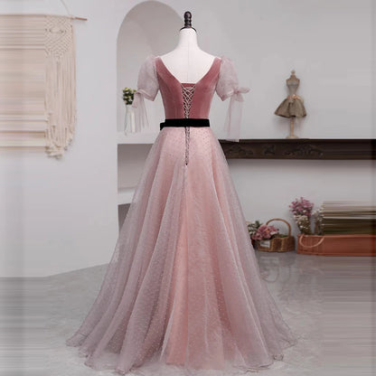 Vintage V-neck short-sleeve Evening Dresses Long Prom Dress Elegant Women Formal Gowns Wedding Maxi Dress Party