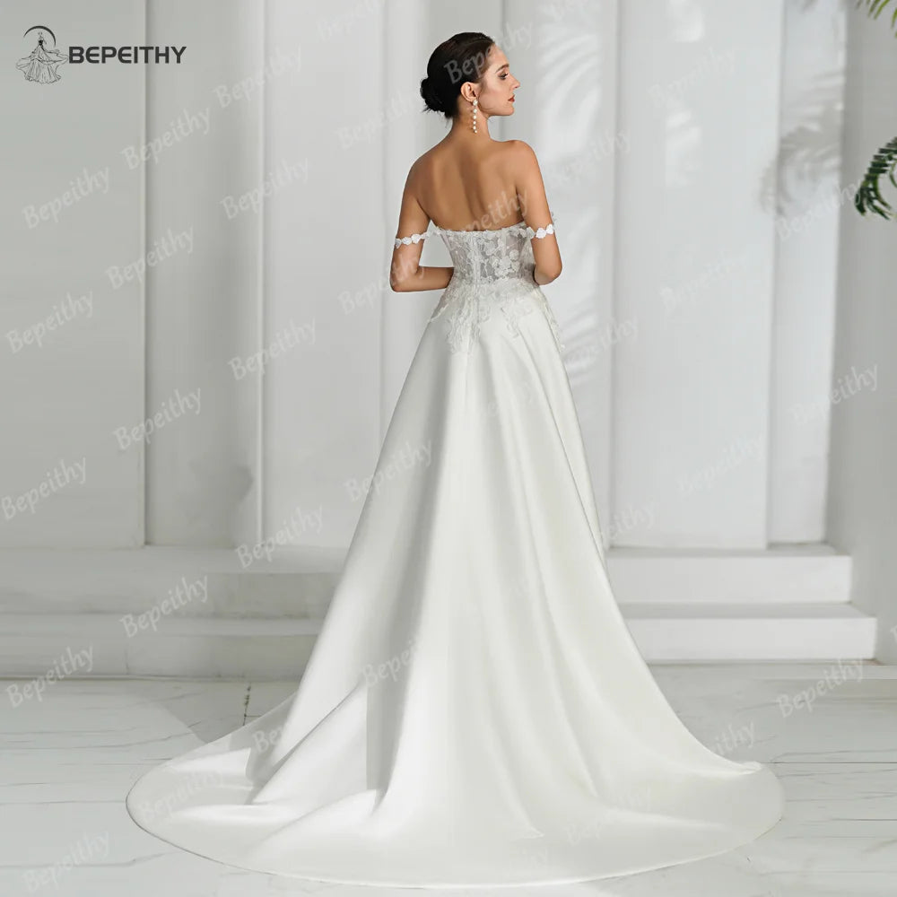 BEPEITHY Sweetheart Ivory A Line Robes de mariée 2023 pour femmes sans manches épaules dénudées Boho Ivoire mariée robe de mariée en satin 2024