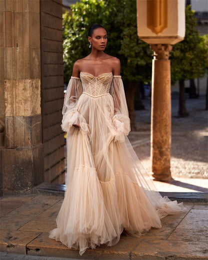 Robe de mariée bohème champagne à manches bouffantes, corset en os, perles, robe de mariée en cœur, tulle, ligne A, robes de mariée de plage pour femmes