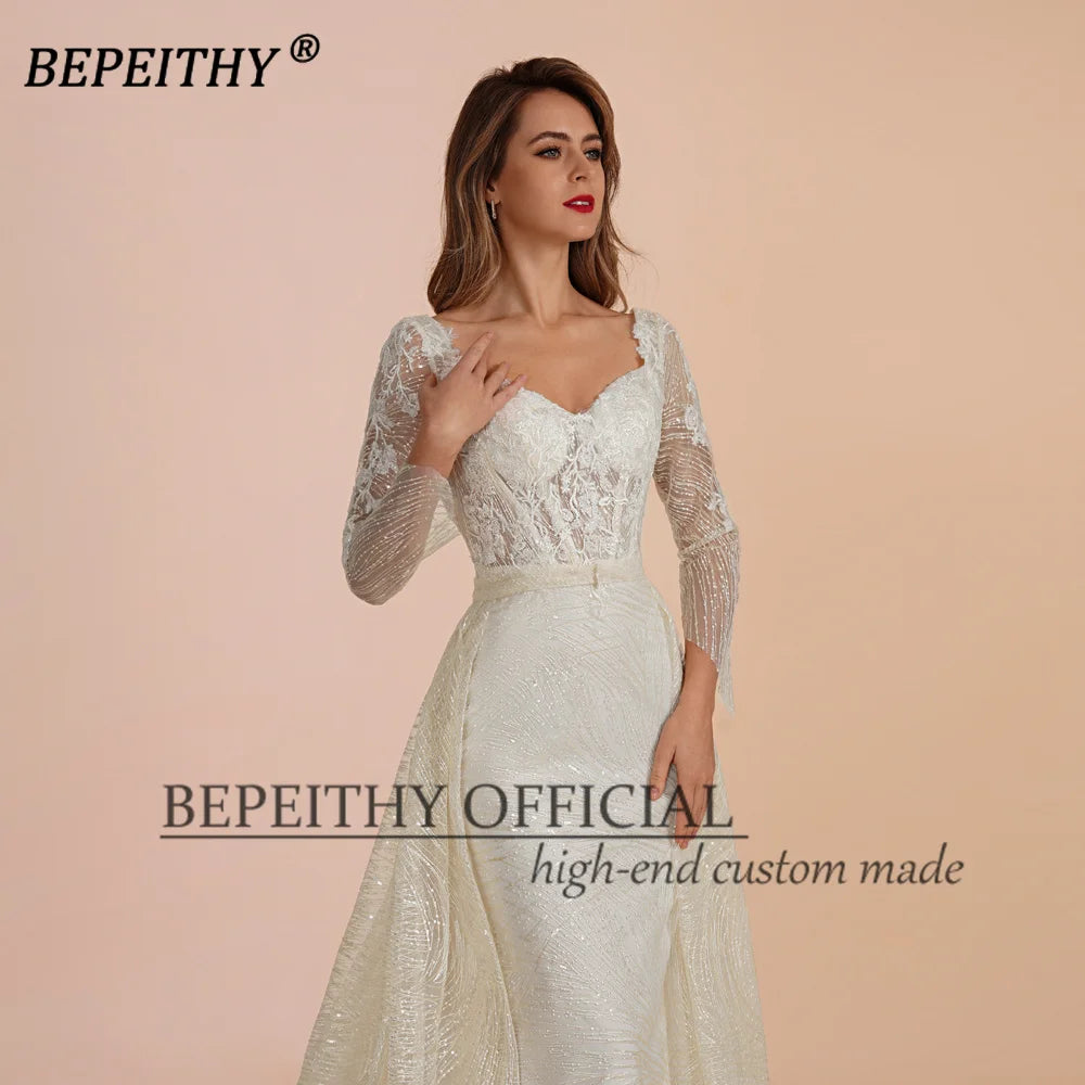 BEPEITHY Ivory Lace Long Evening Dress Formal Occassion With Full Sleeves For Women Square Court Train Party Gown 2023 Hot Sale