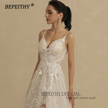 BEPEITHY A Line Lace Wedding Dresses For Women Bride 2022 Sleeveless Sexy High Slit Court Train V Neck Boho Bridal Dress Party