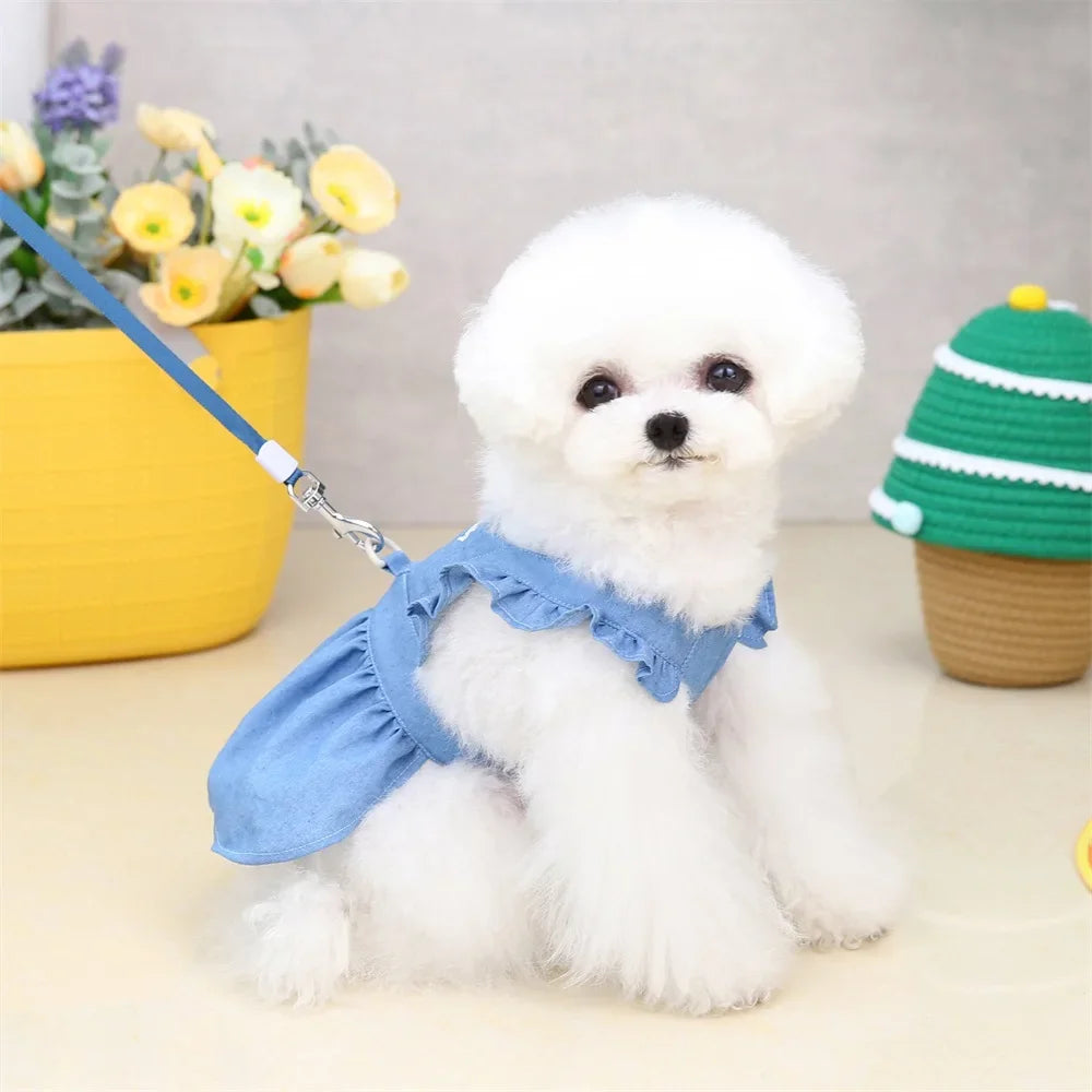 Lindo vestido de mezclilla para perros pequeños y medianos, ropa de boda, vestido de princesa, falda suave y dulce para primavera y verano, ropa para mascotas