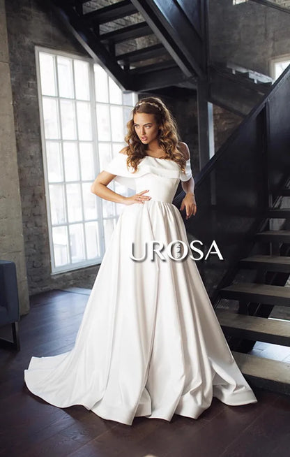 wedding Dress detachable Short-Sleeve Plus Size off the shouder Princess Robe de Mariee wedding gown satin A-line train