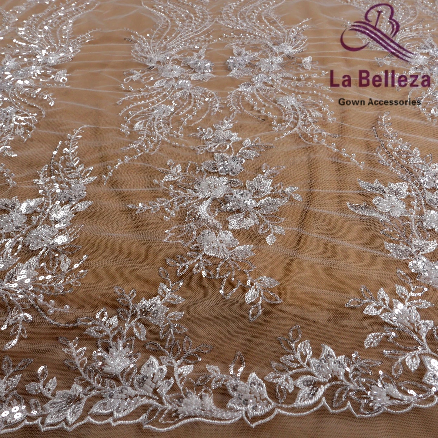 Tissu brodé en perles de riz blanc ivoire, 1 mètre, pour robe de mariée, imitation de fleurs et feuilles