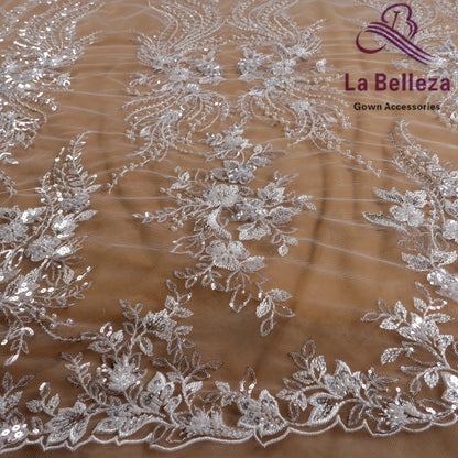 Tissu brodé en perles de riz blanc ivoire, 1 mètre, pour robe de mariée, imitation de fleurs et feuilles