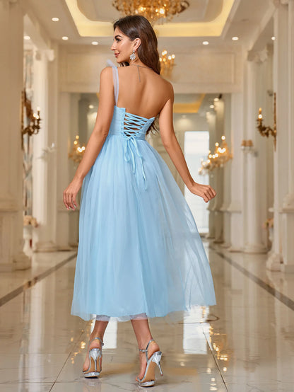 Vestido de tul azul cielo de un hombro, ajustado, sin espalda, para dama de honor, para invitados a la fiesta de bodas, vestido de noche sin mangas de sirena