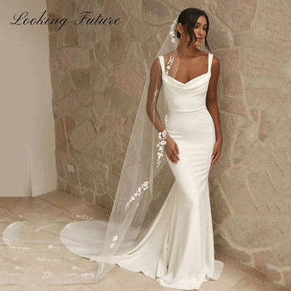 Robe de mariée sirène en satin blanc élégante pour femme, col carré, bretelles spaghetti, robe de mariée illusion, dos nu avec bouton