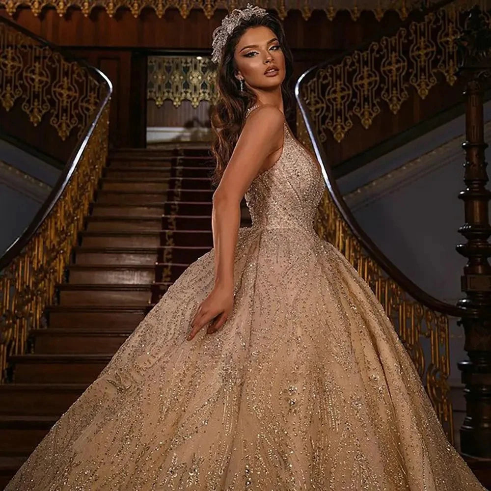 Impresionante vestido de novia con bola de cristal y diamantes, vestido de novia con cuentas, vestido de novia brillante hasta el suelo, vestido de novia