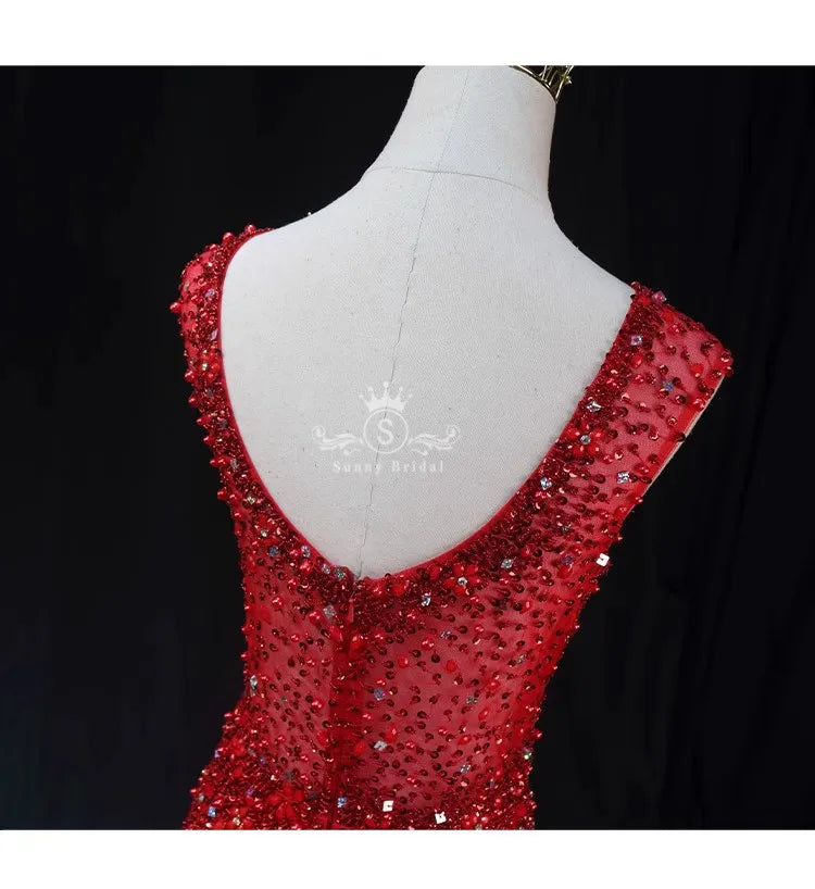 Robe de soirée rouge à strass scintillants, col rond, sirène, robe de soirée, remise de diplôme, célébrité, robes de fête pour femmes