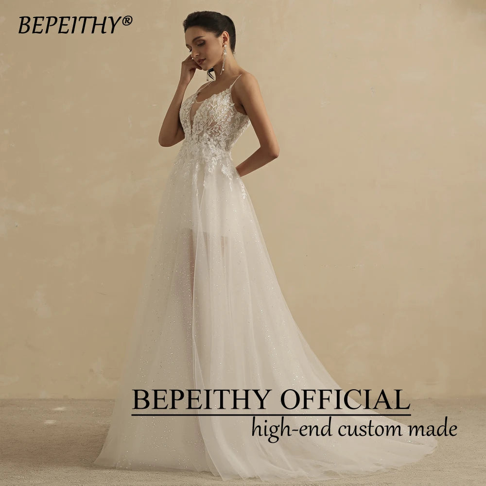 BEPEITHY Light Beach Wedding Dresses High Slit For Women Sexy Deep V Neck Sleeveless Bride Ivory Party Boho Bridal Gown 2023