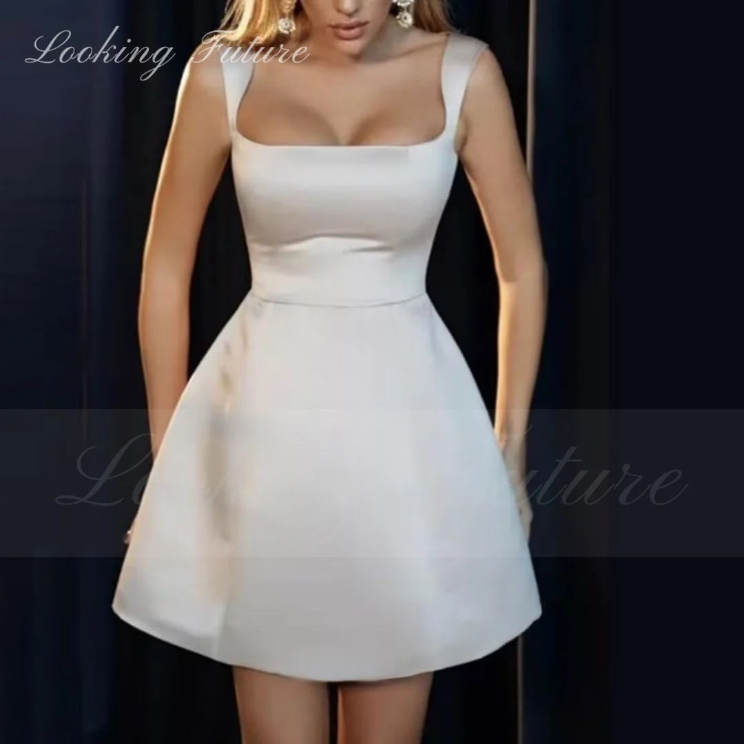 Simple Satin Short Wedding Dresses  Mini Square Neck Sleeveless Women Bridal Gown 2024 Custom Dyeing Dress Party Robe de mariage