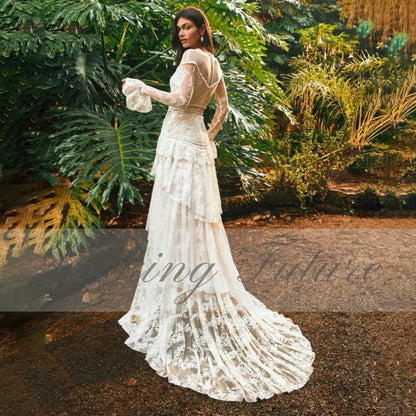 Morden Lace Puff Full Sleeve Button O Neck Wedding Long Dresses Boho Tiered Pleat Embroidery Bride Gowns Full Sleeve Vestidos